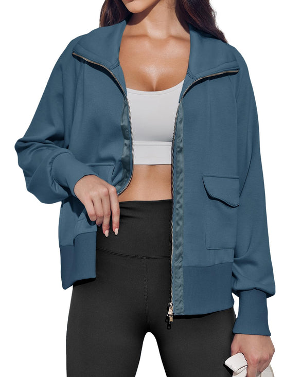 Fisoew women's coat - Zip up collared neck lightweight jacket with pockets