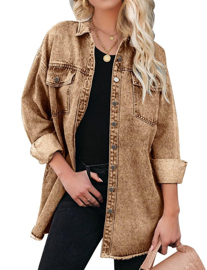 Vetinee women's oversized shacket with frayed hem and pockets