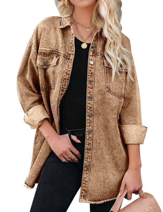 Vetinee women's oversized shacket with frayed hem and pockets
