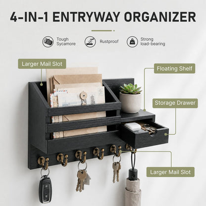 Storage hook — Rustic farmhouse key and mail holder with shelf and 6 hooks