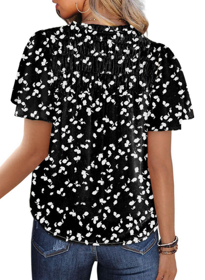 SHEWIN women's floral print smocked v neck chiffon shirt