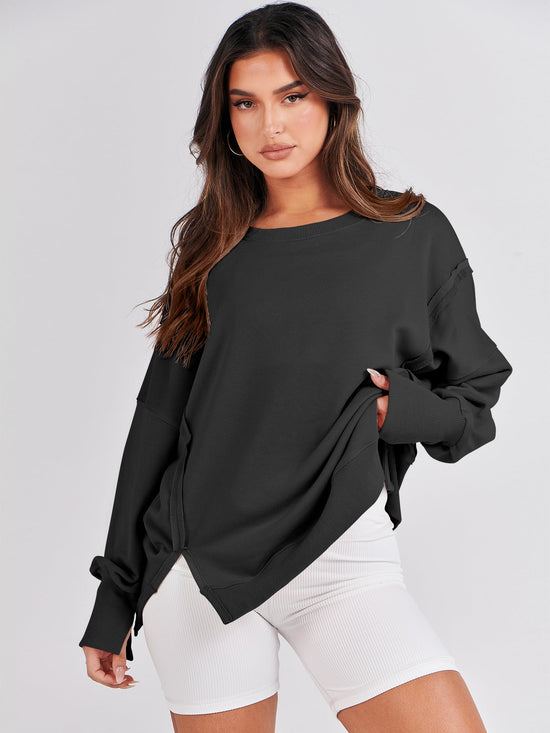 ANRABESS womens sweatshirt - oversized crew neck with side slit detail