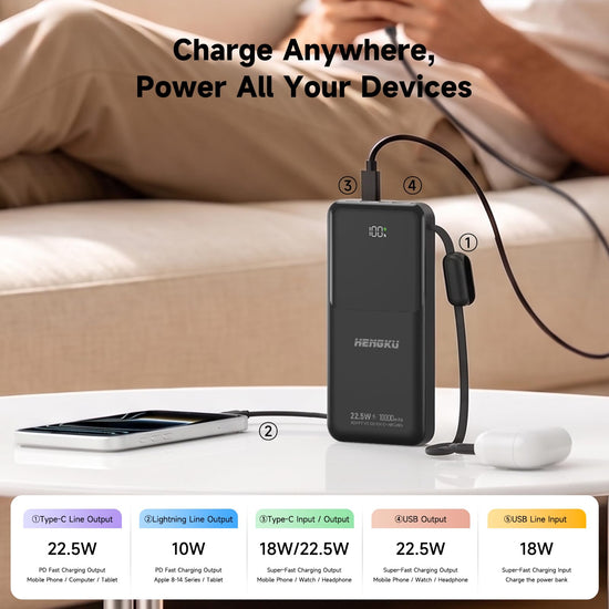 HENGKU Portable Power Bank Fast 22.5W PD Charging 10000mAh Built-in Cables, Type C Flight Safe, Z01C