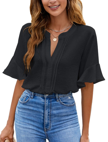 Shirt — White chiffon ruffle short sleeve v neck top by BMJL