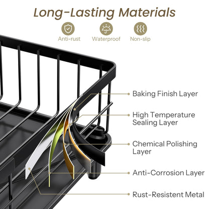 SNTD drying rack — small stainless steel dish drainer with utensil holder and drainboard