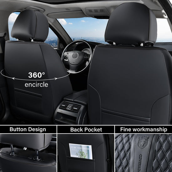 Coverado car seat covers with lumbar support in black nappa leather waterproof for most vehicles