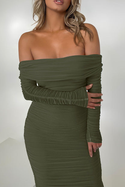 Dress — Off the shoulder maxi dress with ruched fitted bodycon design and slit