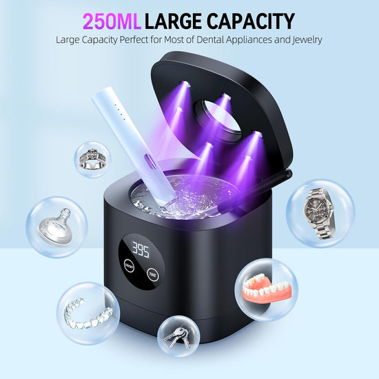 COBEEK Ultrasonic Retainer Cleaner Machine, 52kHz Ultrasonic Dental Cleaner for Mouth Guard, Night Guard, Braces, Toothbrush Heads, Jewelry, Retainer Cleaner with 250ML Capacity & Cleaning Brush, Black