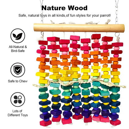 KTCWPAW Large Parrot Chew Wall Toy, Natural Wood Bird Cage Foraging Play Wall with Colorful Wooden Blocks, Hanging Shredder Toy for Macaws, Cockatoos, African Greys, Medium to Large Parrots