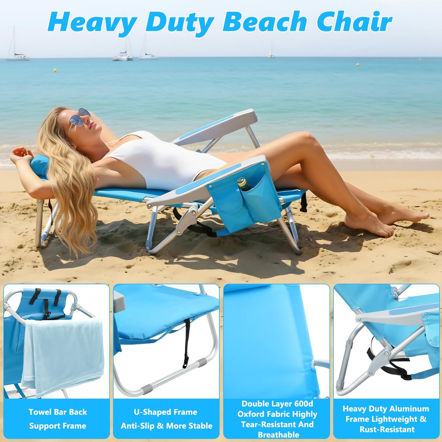 Backpack Beach Chairs for Adults, Heavy Duty Compact Portable Lay Flat Folding Chair with Backpack Straps and Large Pocket, 5 Positions Aluminum Reclining Chair for Patio Outdoor,Support to 300LBS