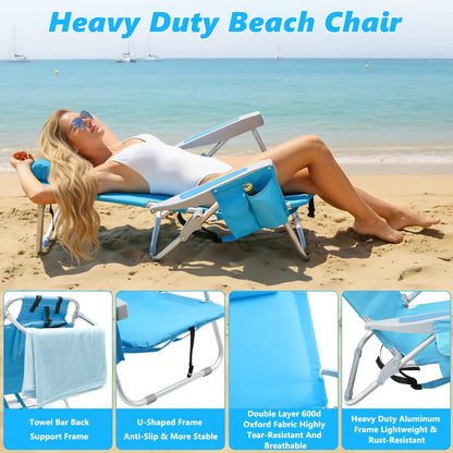 Backpack Beach Chairs for Adults, Heavy Duty Compact Portable Lay Flat Folding Chair with Backpack Straps and Large Pocket, 5 Positions Aluminum Reclining Chair for Patio Outdoor,Support to 300LBS