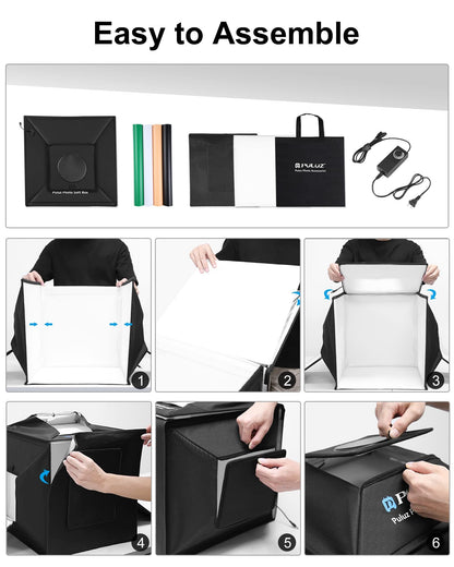 Camera stage lighting modifier — PULUZ portable photo studio with dimmable LEDs and backdrops 16x16 inch