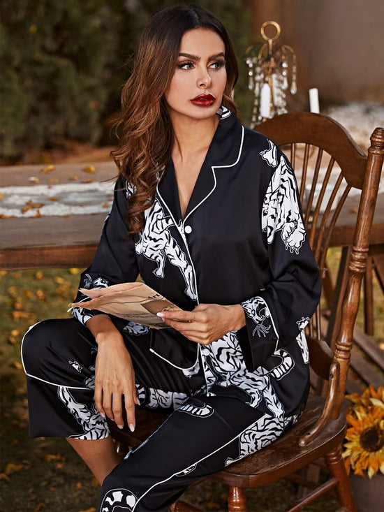 Brosloth women's silk satin pajamas with lace pattern in black