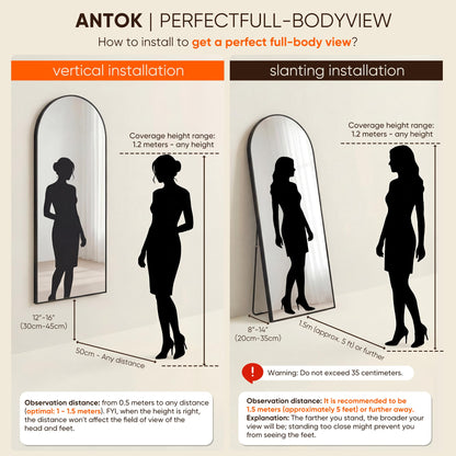 Antok arched floor mirror — aluminum frame, free standing or wall mount