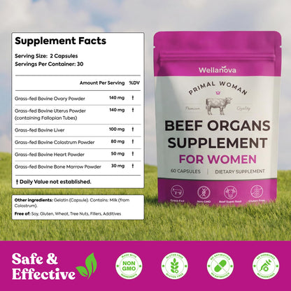 Primal Beef Organ Supplement for Women, Grass-Fed Ancestral Superfood Supplement with Uterus & Liver for Hormone Balance & Queen Energy - 60 Capsules