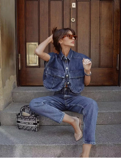 Shirt — Cropped denim top with pockets and collar