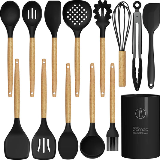 Food spatula set — heat resistant silicone with wooden handles and holder, BPA free