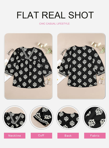SHEWIN women's chiffon blouse with floral print and v neck design in boho style
