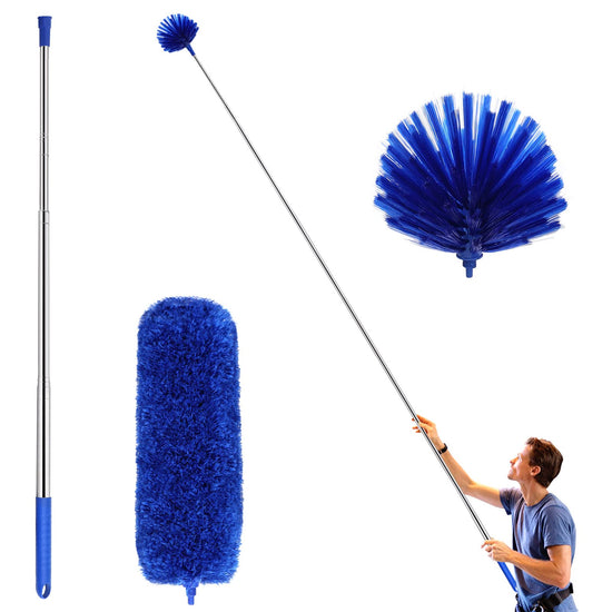 LAZYCOTTAGE Ceiling Fan Duster with Extension Pole, Cobweb & Corner Brush Cleaning Kit w 2 Duster Heads for Cleaning, 100 Inch Long Handle Telescoping Pole, Washable