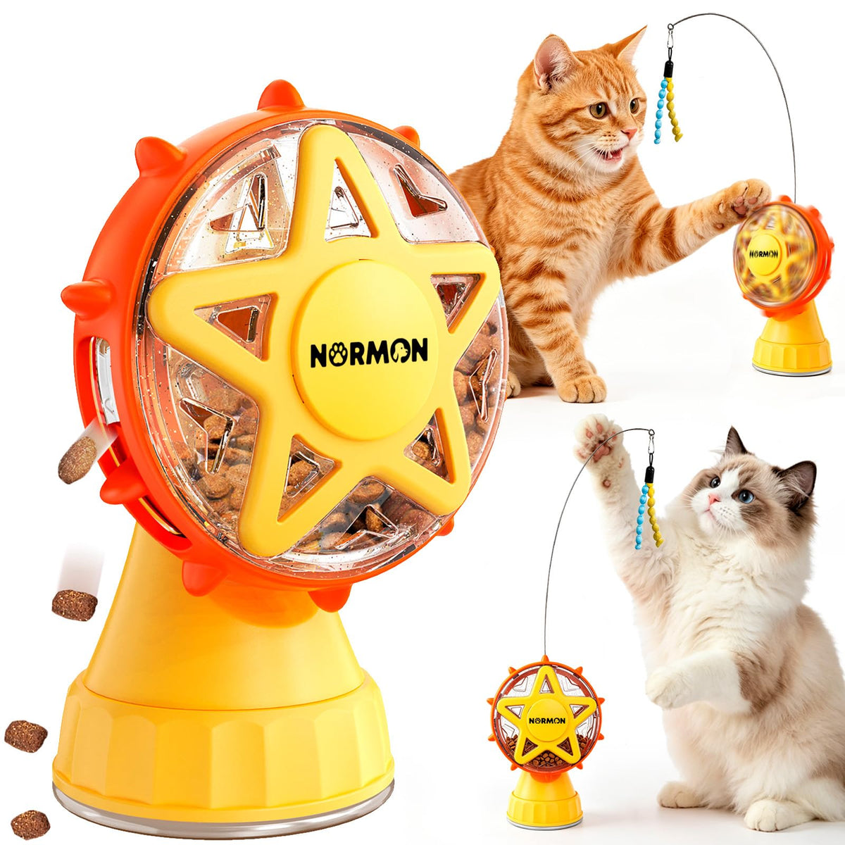 NORMON Cat Treat Dispenser, Ferris Wheel Puzzle Feeder Toy with Teaser Wand