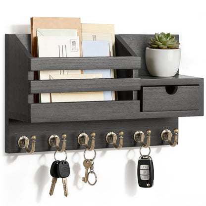 Storage hook — Rustic farmhouse key and mail holder with shelf and 6 hooks