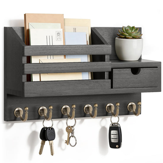 Storage hook — Rustic farmhouse key and mail holder with shelf and 6 hooks