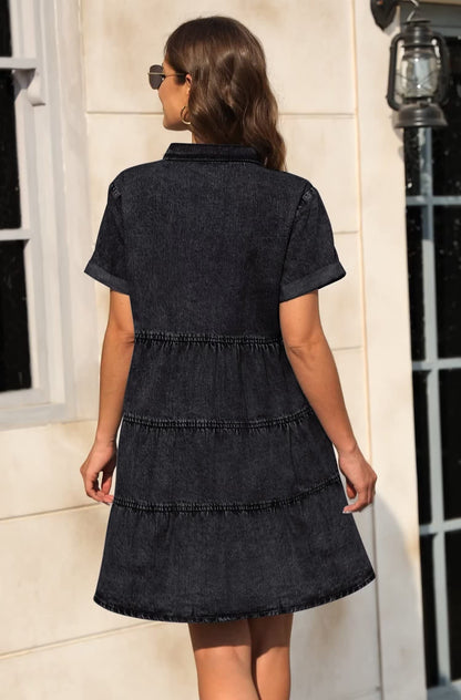 KDF denim dress with pockets - short sleeve babydoll style