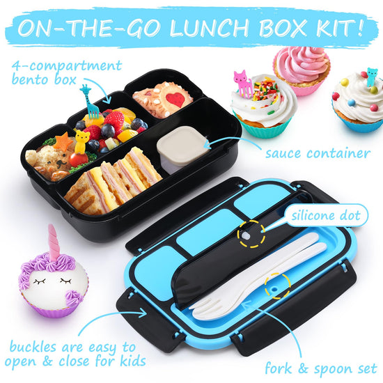 QQKO Bento Lunch Box — 4 compartments with utensils and sauce container