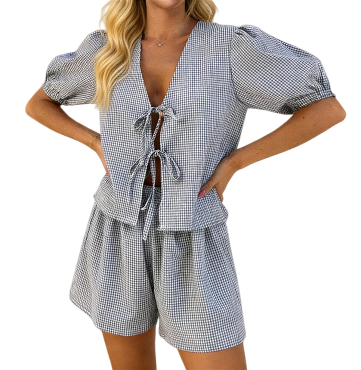 Yuemengxuan coordinated outfit — Y2k peplum shirt and shorts set with puff sleeves and tie front