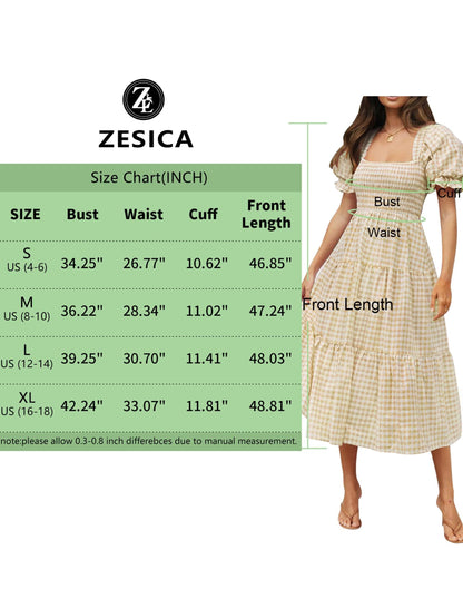 ZESICA dress — Boho gingham puff sleeve midi dress