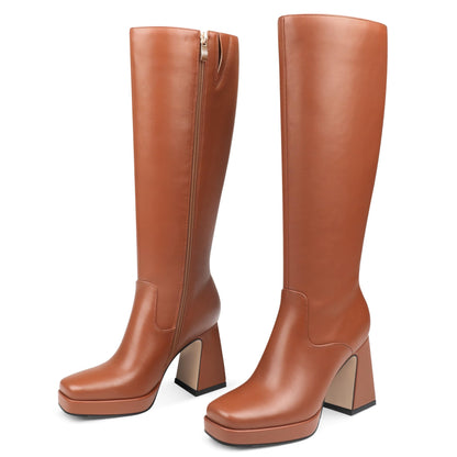 COLETER knee high gogo boots with chunky heel and zipper closure.