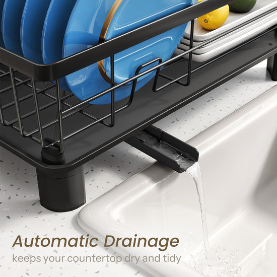 SNTD drying rack — small stainless steel dish drainer with utensil holder and drainboard