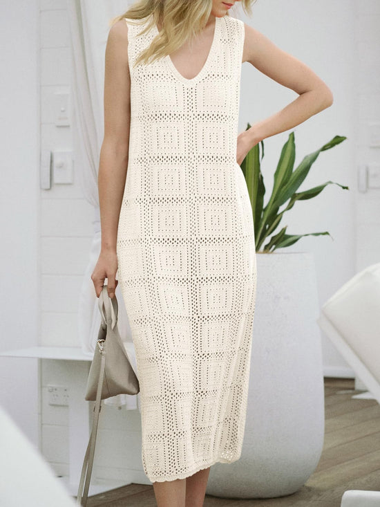 Fisoew womens dress — crochet sleeveless v neck boho knit cover up