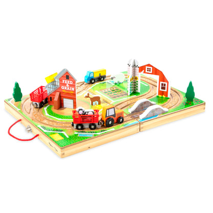 Melissa & Doug wooden take-along tabletop farm with vehicles and play pieces for toddlers 1+