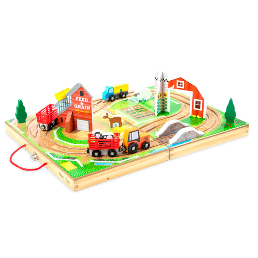 Melissa & Doug wooden take-along tabletop farm with vehicles and play pieces for toddlers 1+