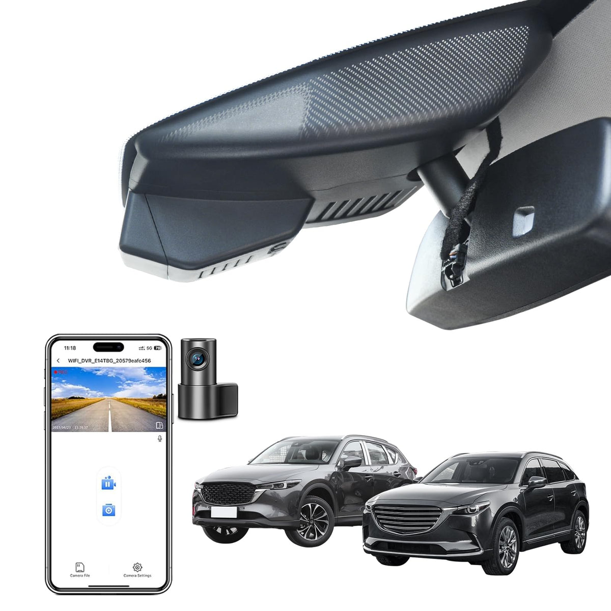 Mangoal dash cam with 4K front and 1080p rear for Mazda CX5 and CX-9 models 2019-2025 and 2020-2023 with WiFi, GPS, and 128GB card.