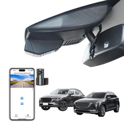 Mangoal dash cam with 4K front and 1080p rear for Mazda CX5 and CX-9 models 2019-2025 and 2020-2023 with WiFi, GPS, and 128GB card.