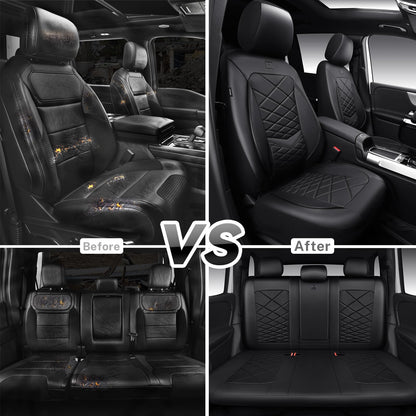 CAR PASS Luxury Nappa Leather Seat Covers Full Set, Water Resistant Faux Leather Seat Covers with Lumbar Support, Comfortable Automotive Seat Covers Universal Fit for SUV Sedan Van Truck, Solid Black