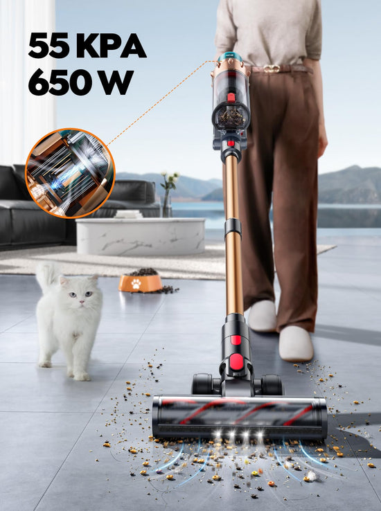 Cordless vacuum cleaner — 650W power with 70 mins runtime and removable battery
