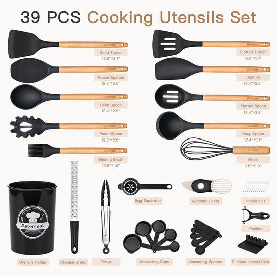 Food spatula — 39 piece silicone cooking utensils set with wooden handle by Astercook