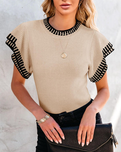 Shirt — Women's short sleeve ruffle striped knit sweater by Saodimallsu