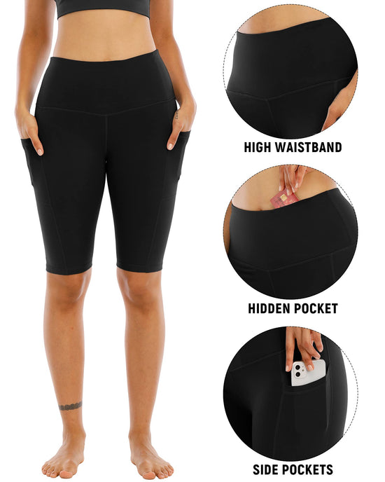 WHOUARE biker yoga shorts with pockets for women, high waisted tummy control shorts