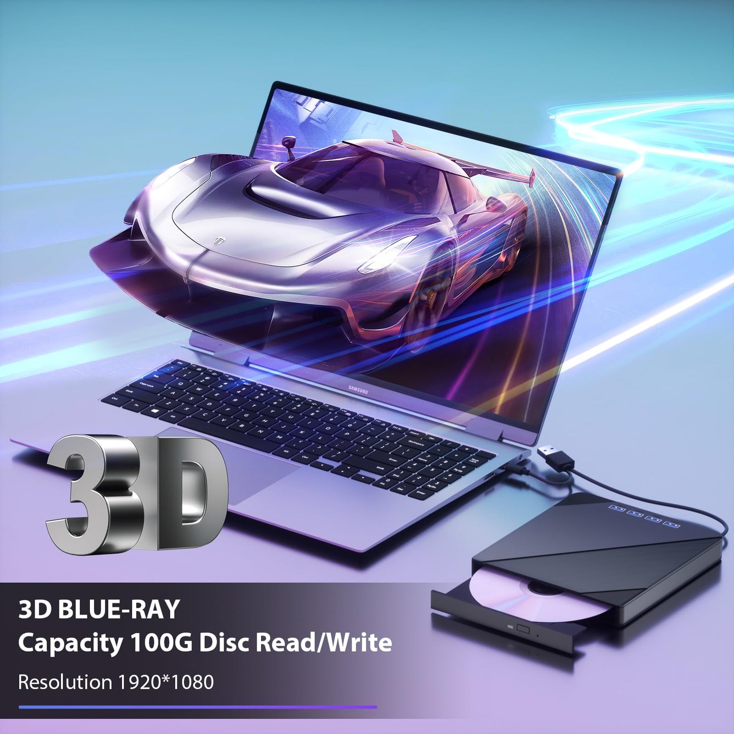 TYYWGD External Blu ray Drive, 7 in 1 Support 100G Disc R/W, USB3.0 Type-C Bluray Drive BD DVD CD Burner with 4 USB Ports, SD/TF Card Slot Compatible with Windows Linux MacOS (Blu ray &CD &DVD)