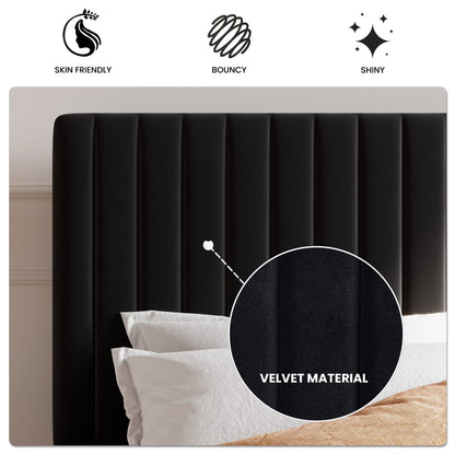 Bed frame — Upholstered platform with adjustable headboard and velvet fabric