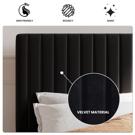 Bed frame — Upholstered platform with adjustable headboard and velvet fabric