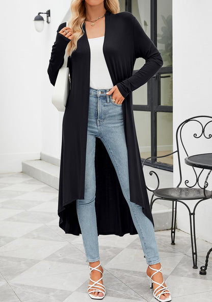 Women's cardigan with pockets - lightweight open front duster with high low hem