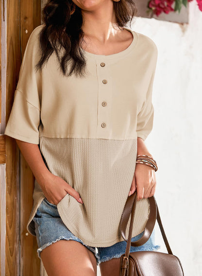 Dokotoo women's oversized waffle knit shirt with 3/4 sleeves and buttons
