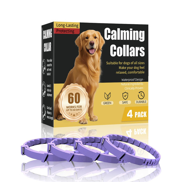 Calming Collar For Dogs 4 Packs, Effectively Relieves Anxiety from Noise, Separation, New environment, Fireworks, Adjustable 25” Flexible, Lasts 60 Days, Purple, Suitable for All Dog Sizes & Ages