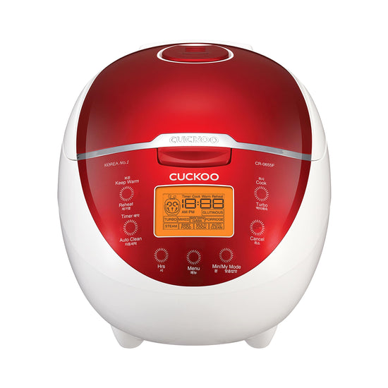 Cuckoo Micom rice cooker with fuzzy logic and food steamer, 6 cups uncooked 12 cups cooked red CR-0655F