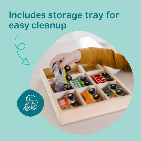 Melissa & Doug wooden train set — 8-piece magnetic train cars with storage tray